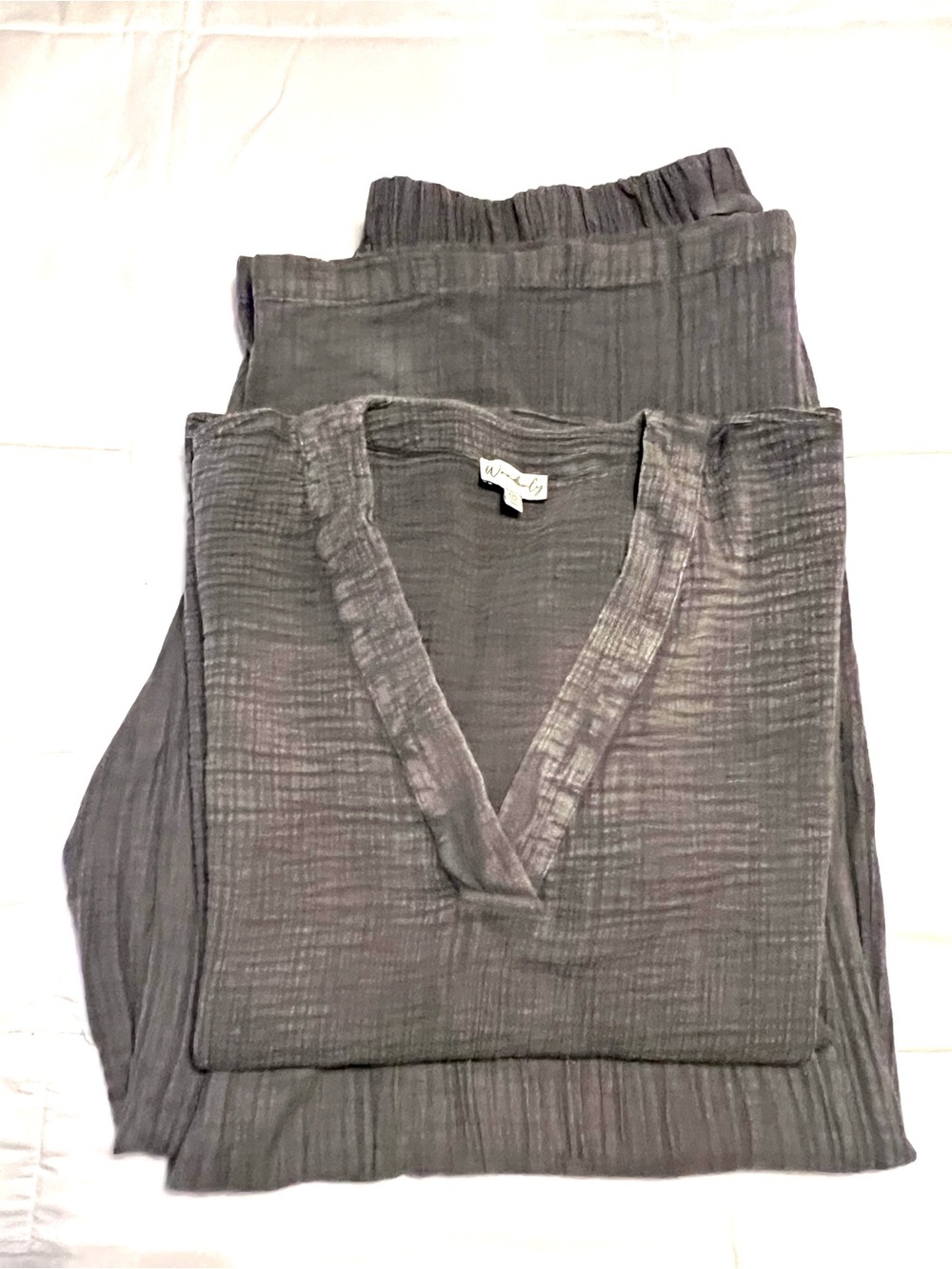 Plus size Wonderly Charcoal Gray V-Neck Gauze 100% Cotton Relax Pants Set-XXL